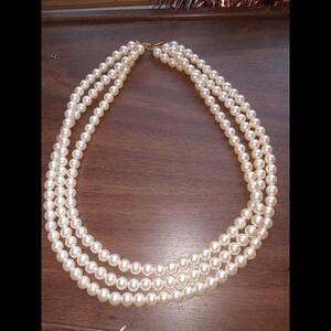 Chunky 3 Strand Faux Pearl's Necklace. Vintage Gold Closure.